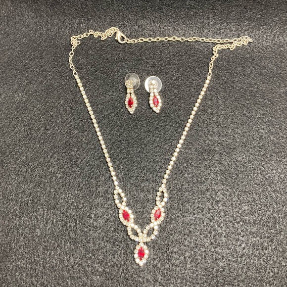 Faux Ruby and Diamond Necklace and Earrings - Picture 2 of 9